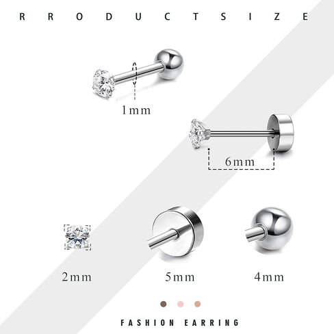 8 أزواج من أقراط الغضروف للنساء والرجال، صغيرة من الفولاذ المقاوم للصدأ، ثقب الأذن، مسمار تشيكوسلوفاكيا، أقراط بظهر مسطح، 2-5 مم in Kuwait