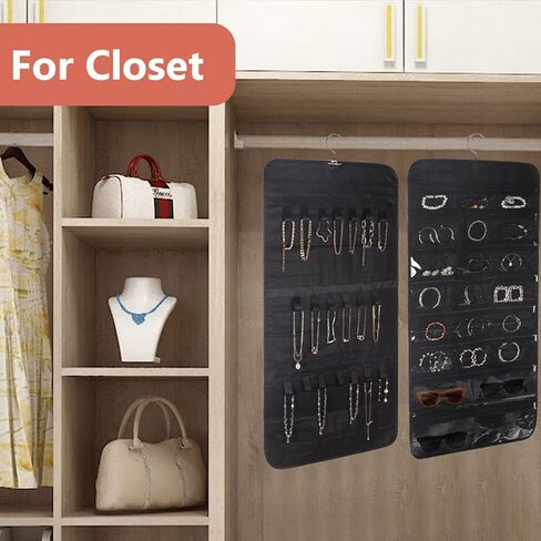 2 عبوة من منظم المجوهرات المعلقة على الوجهين من CRUGLA، 80 جيبًا و40 حلقة خطاف فوق الباب منظم مجوهرات لحمل المجوهرات، حامل أقراط خزانة على الوجهين، بيج in Kuwait