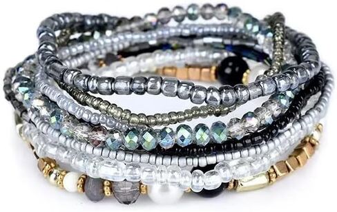 8 Sets Bohemian Stackable Bead Bracelets for Women Multicolor Stretch Beaded Bracelets Layered Bead Bracelet Set Boho Jewelry - Light Pink in Saudi Arabia