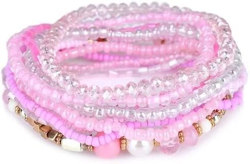 8 Sets Bohemian Stackable Bead Bracelets for Women Multicolor Stretch Beaded Bracelets Layered Bead Bracelet Set Boho Jewelry - Light Pink in Saudi Arabia
