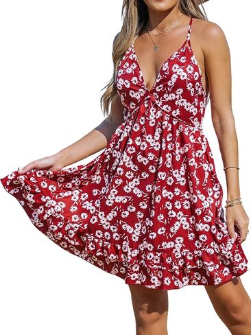CUPSHE Women Floral Print Deep V-Neck Beach Dress Sexy Backless Crisscross A-Line Short Dresses in Saudi Arabia