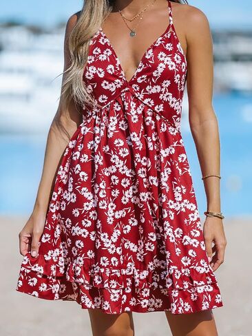 CUPSHE Women Floral Print Deep V-Neck Beach Dress Sexy Backless Crisscross A-Line Short Dresses in Saudi Arabia