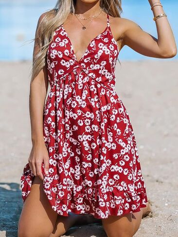 CUPSHE Women Floral Print Deep V-Neck Beach Dress Sexy Backless Crisscross A-Line Short Dresses in Saudi Arabia
