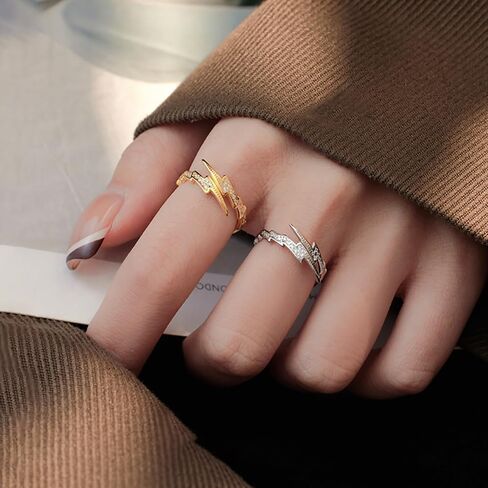 Crystal Lightning Bolt Stacking Open Ring for Women Girls 925 Sterling Silver Cubic Zirconia Thunder Waved Adjustable Wrap Knuckle Finger Bands Dainty Statement Rings Comfort Fit Jewelry Gifts Birthday in Saudi Arabia