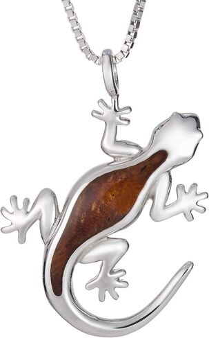 925 Sterling Silver Koa Wood Gecko Pendant with 18" Box Chain, Nickel Free Hypoallergenic for Sensitive Skin, Hawaii Island Jewelry, Gift Box Included in Saudi Arabia
