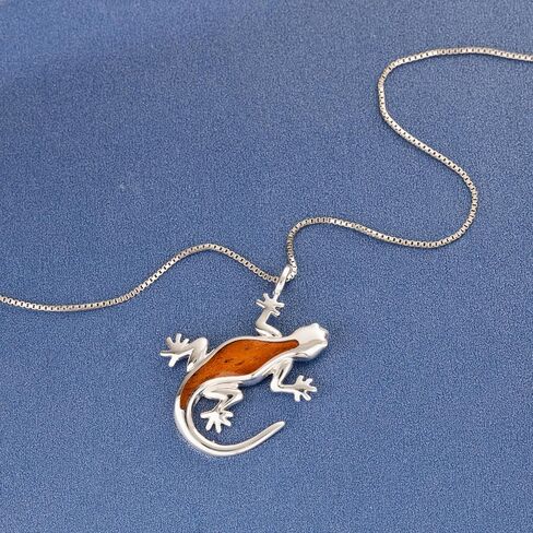 925 Sterling Silver Koa Wood Gecko Pendant with 18" Box Chain, Nickel Free Hypoallergenic for Sensitive Skin, Hawaii Island Jewelry, Gift Box Included in Saudi Arabia