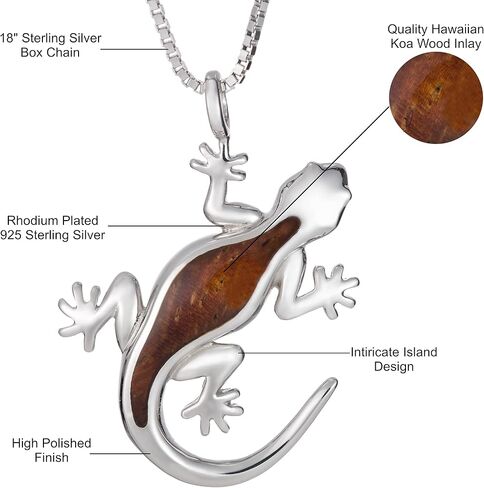 925 Sterling Silver Koa Wood Gecko Pendant with 18" Box Chain, Nickel Free Hypoallergenic for Sensitive Skin, Hawaii Island Jewelry, Gift Box Included in Saudi Arabia