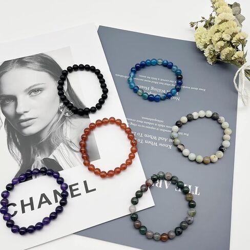 SROBenz 12 قطعة 8 مم أحجار كريمة مطرز أساور للرجال والنساء حجر شفاء حبة شبه ثمينة تمتد جولة حبة كريستال أساور للجنسين in Kuwait