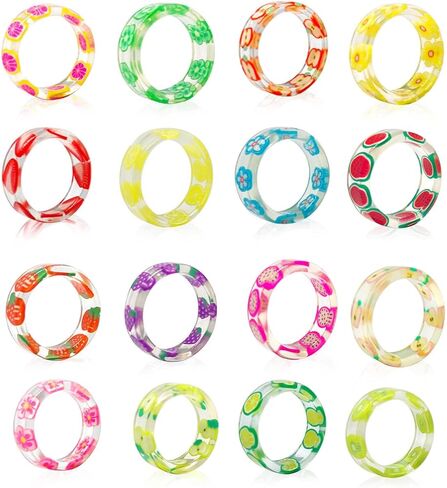 16 قطعة من خواتم الاكريليك الراتنج زهرة الفاكهة الملونة مجموعة خواتم الاصبع لطيف مناسبة لمختلف الانماط لطيف مجوهرات للنساء والراتنج والراتنج, مادة صمغية, راتنج in Kuwait