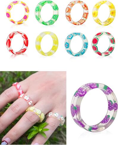 16 قطعة من خواتم الاكريليك الراتنج زهرة الفاكهة الملونة مجموعة خواتم الاصبع لطيف مناسبة لمختلف الانماط لطيف مجوهرات للنساء والراتنج والراتنج, مادة صمغية, راتنج in Kuwait
