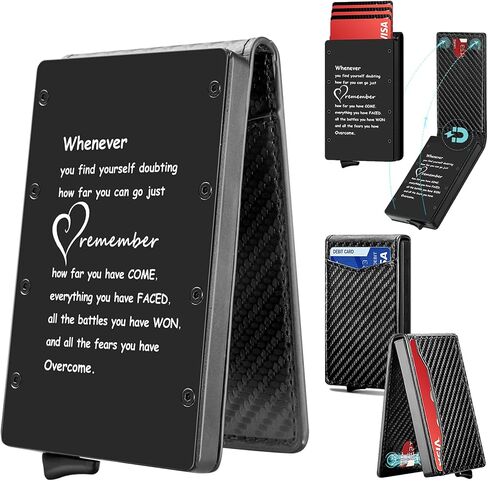 MOSIYEEF Pop Up Card Holder - Stealth Wallet for Men with Engraved Heartwarming Sentence - Inspirational Gift Ideas for Men - Slim RFID Blocking Minimalist Bifold Wallet with Leather Slots in Saudi Arabia