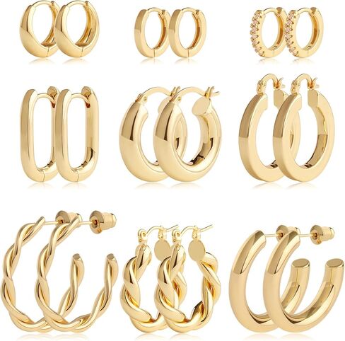 Gold Hoop Earrings Set 14k Gold Plated Huggie Earrings Hypoallergenic Chunky Twisted Thick Jewelry for Multiple Piercing Christmas Gift for Women in Kuwait
