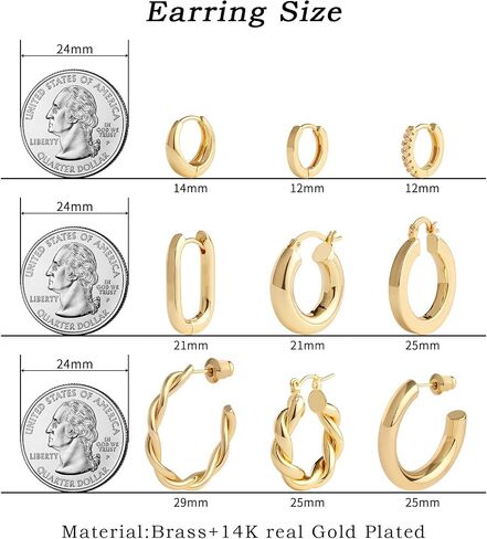 Gold Hoop Earrings Set 14k Gold Plated Huggie Earrings Hypoallergenic Chunky Twisted Thick Jewelry for Multiple Piercing Christmas Gift for Women in Kuwait