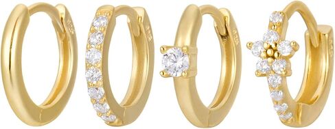 18K Gold Plated Sterling Silver Gem Flower Clicker Mini Cartilage Hoop Earrings | Cubic Zirconia Paved Tiny Huggie Hoops in Saudi Arabia