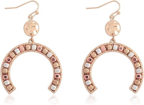 RIAH FASHION Bohemian Geometric Metallic Dangle Earrings - Leaf Marquise Pointed Oval, Coin Tiered Circle, Petal Teardrop Cutout Open Hoop in Saudi Arabia