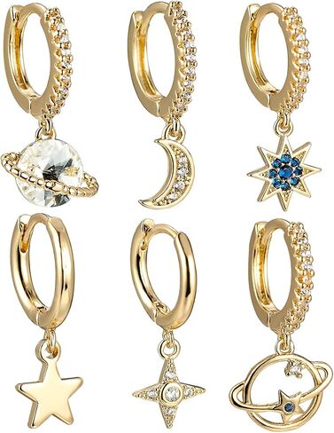 Vanel Planet Moon Star Earrings Star Hoop Dangle Earrings for Women Girls 18k Gold Plated Cute Huggie Earrings with Gifts Box in Saudi Arabia