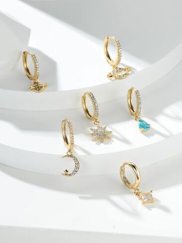 Vanel Planet Moon Star Earrings Star Hoop Dangle Earrings for Women Girls 18k Gold Plated Cute Huggie Earrings with Gifts Box in Saudi Arabia
