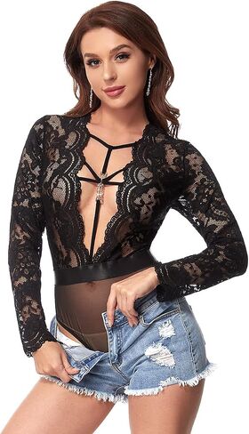 LINGERLOVE Sexy Lingerie for Women Long Sleeve Lace Teddy Bodysuit Plus Size One Piece Babydoll Lingerie S-4XL in Kuwait