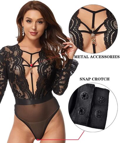 LINGERLOVE Sexy Lingerie for Women Long Sleeve Lace Teddy Bodysuit Plus Size One Piece Babydoll Lingerie S-4XL in Kuwait