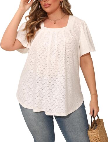 Womens Plus Size Tops Short Sleeve Casual Summer Square Neck Pleated Loose Fit Flowy Eyelet T Shirts Blouse (1X-5X) in Saudi Arabia
