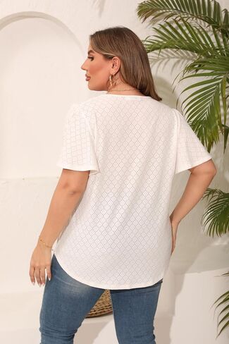 Womens Plus Size Tops Short Sleeve Casual Summer Square Neck Pleated Loose Fit Flowy Eyelet T Shirts Blouse (1X-5X) in Saudi Arabia