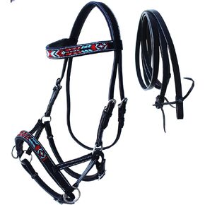 Horse Brown Leather Beaded Bitless Padded Sidepull Bridle w/Reins 77RS17