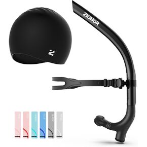 ZIONOR Unisex-Adult Swim Training Snorkel Bullet Head with Swim Cap, Front Snorkel Breathing Tube Detachable Swimming Scuba for Swim Training