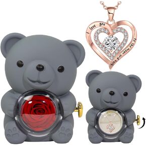 Preserved Red Real Rose & Grey Bear Box with Heart I Love You Necklace Box and Eternal Flowers Rose Birthday Gifts for Her Mom Wife Girlfriend Grandma on Valentines Mothers Day Christmas