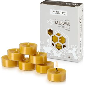 PARNOO 100% Natural Yellow Beeswax Tealight Candles in Clear Plastic Cups, 6 Hours Burn time - Pack of 24