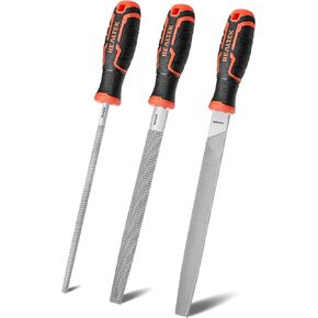 REALTEK 3-Piece Metal File Set, 12-inch Double Sided Steel File Set, Includes Half-Round/Round Files/Flat Files, T12 Carbon Sharpening File, Professional Hand Files for Hard Metal Shaping