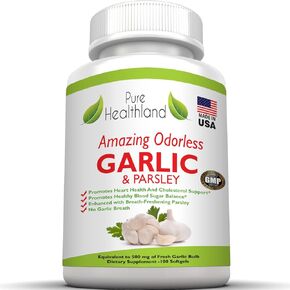 Amazing ODORLESS Garlic and Parsley Supplement Softgels for Men and Women. Equal to 500mg Fresh Garlic Bulbs. Best Garlic Pills. Allium Sativum. Made in USA