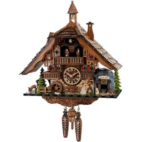 Engstler Quartz Cuckoo Clock Black Forest House with Moving Miner and Mill Wheel, with LED-Light and Music