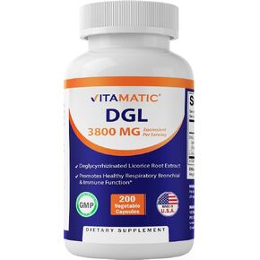Vitamatic DGL Licorice 10:1 Extract 380 mg (3800mg Equivalent of Licorice Root) - 10X Stronger - Supports Healthy Digestive & Respiratory Functions - 200 Capsules