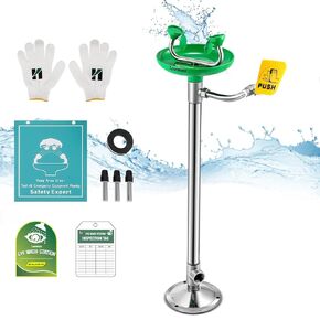 Huanyu Emergency Eye Wash Station Floor Mount Adjustable Water Flow Stand Up Eye Wash Station Hands-Free Eyewash Stations Stainless Steel Eye Wash Units Factory (1202-1 Green)