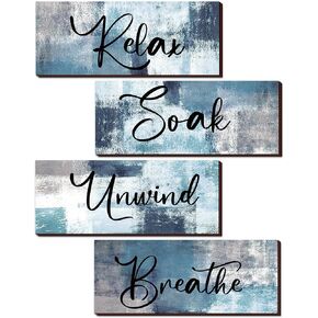 Maitys 4 Pcs Bathroom Wall Decor 10 x 4 Inch Bathroom Wall Art Contemporary Wood Bathroom Pictures for Wall Soak Unwind Relax Wall Sign Spa Rustic Vintage Farmhouse Wall Pediments (Turquoise and Grey)