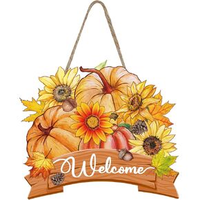 Fall Pumpkin Welcome Sign Thanksgiving Pumpkin Wooden Hanging Sign Door Hanger Sunflower Maple Leaves Front Door Sign for Thanksgiving Harvest Autumn Home Porch Wall Hanging Decoration