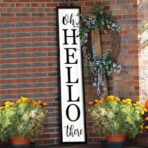 Oh Hello There Outdoor Welcome Sign For Front Porch Standing 45"X9" Large Rustic Farmhouse Vertical Tall Long Soild Wooden Framed Modren Outside Front Door Home Wall Decoration (Black)
