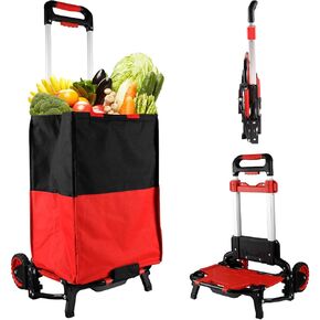 Folding Shopping Cart with Removable Waterproof Bag and Bungee Cord, Heavy Duty Push Cart with Mute Wheels, Portable Hand Truck for Shopping, Groceries, Travel and Office Use