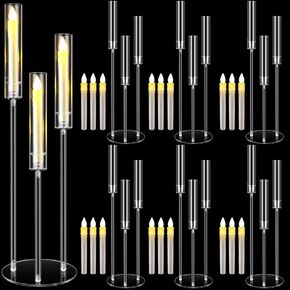 6 Set Acrylic Candelabra Centerpiece with 18 LED Candles 3 Arm Clear Candlestick Plastic Candle Holder with Acrylic Shade Circular Base for Wedding Party Table Decoration Fit 0.87 LED Candle
