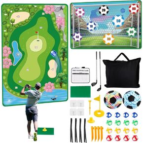 M SANMERSEN Golf Chipping Game Mat Set - 47"x70" Double Sided Golf Soccer Hitting Mat Kits Outdoor Indoor Practice Mat for Kids Adult Family Yard Game with 2 Golf Clubs, 20 Golf/2 Soccer Sticky Balls