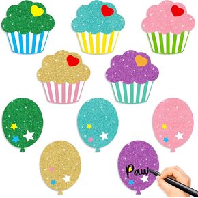 Glitter Cupcake Balloons Cutouts- 100Pcs Colorful Cupcake Paper Cutout Bulletin Board DIY Creative Cakes Balloons Paper Cut Out Name Tags for Kids School Classroom Birthday Party Decorations