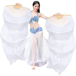 1 Pair 59'' Real Silk Belly Dance Fans, Women Belly Dance Fans, Long Fan Veils with Bamboo Ribs, Hand-Made