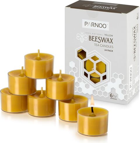 PARNOO 100% Natural Yellow Beeswax Tealight Candles in Clear Plastic Cups, 6 Hours Burn time - Pack of 24 in Saudi Arabia
