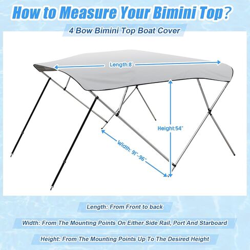 4 Bow Bimini Top for Boat Large Tracker Bimini Cover 96" l x 54" h x 91"-96" w, includes 4 Straps 2 Rear Support Poles Mounting Hardwares Storage Boot with 1" Aluminum Frame, Gray in Saudi Arabia