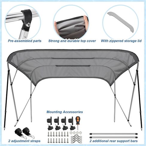 4 Bow Bimini Top for Boat Large Tracker Bimini Cover 96" l x 54" h x 91"-96" w, includes 4 Straps 2 Rear Support Poles Mounting Hardwares Storage Boot with 1" Aluminum Frame, Gray in Saudi Arabia