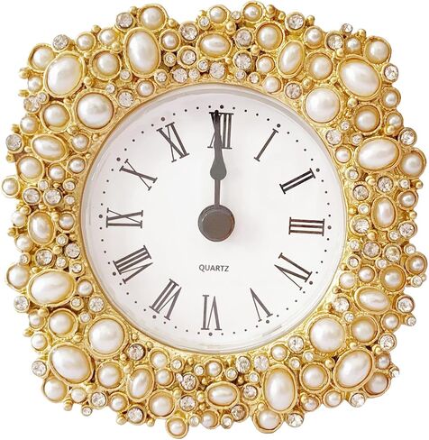 Vintage Mini Analog Table Clock, Silent Small Table Clock with Faux Pearls, Metal Body and Battery Operated Non-Ticking Clock Core for Shelf, Bedroom, Bedside, Gift Clock in Saudi Arabia