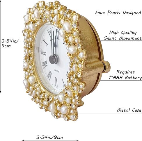 Vintage Mini Analog Table Clock, Silent Small Table Clock with Faux Pearls, Metal Body and Battery Operated Non-Ticking Clock Core for Shelf, Bedroom, Bedside, Gift Clock in Saudi Arabia