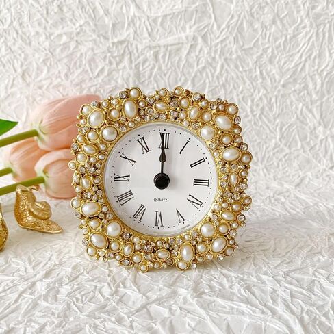 Vintage Mini Analog Table Clock, Silent Small Table Clock with Faux Pearls, Metal Body and Battery Operated Non-Ticking Clock Core for Shelf, Bedroom, Bedside, Gift Clock in Saudi Arabia