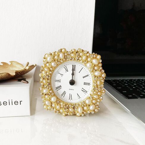 Vintage Mini Analog Table Clock, Silent Small Table Clock with Faux Pearls, Metal Body and Battery Operated Non-Ticking Clock Core for Shelf, Bedroom, Bedside, Gift Clock in Saudi Arabia