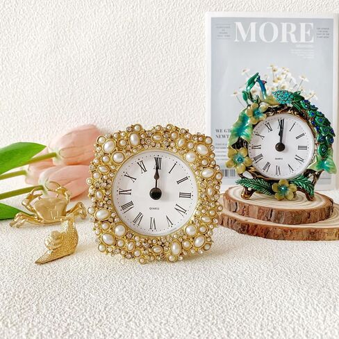 Vintage Mini Analog Table Clock, Silent Small Table Clock with Faux Pearls, Metal Body and Battery Operated Non-Ticking Clock Core for Shelf, Bedroom, Bedside, Gift Clock in Saudi Arabia